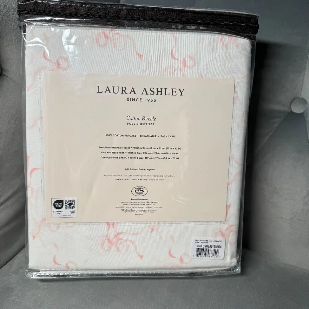 Laura Ashley White Pink Trailing Bows Coquette Full Sheet Set NEW WITH TAG